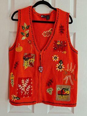 HOLIDAY EDITIONS Fall Autumn Sweater Vest Women's XL Orange Floral Zip Front
